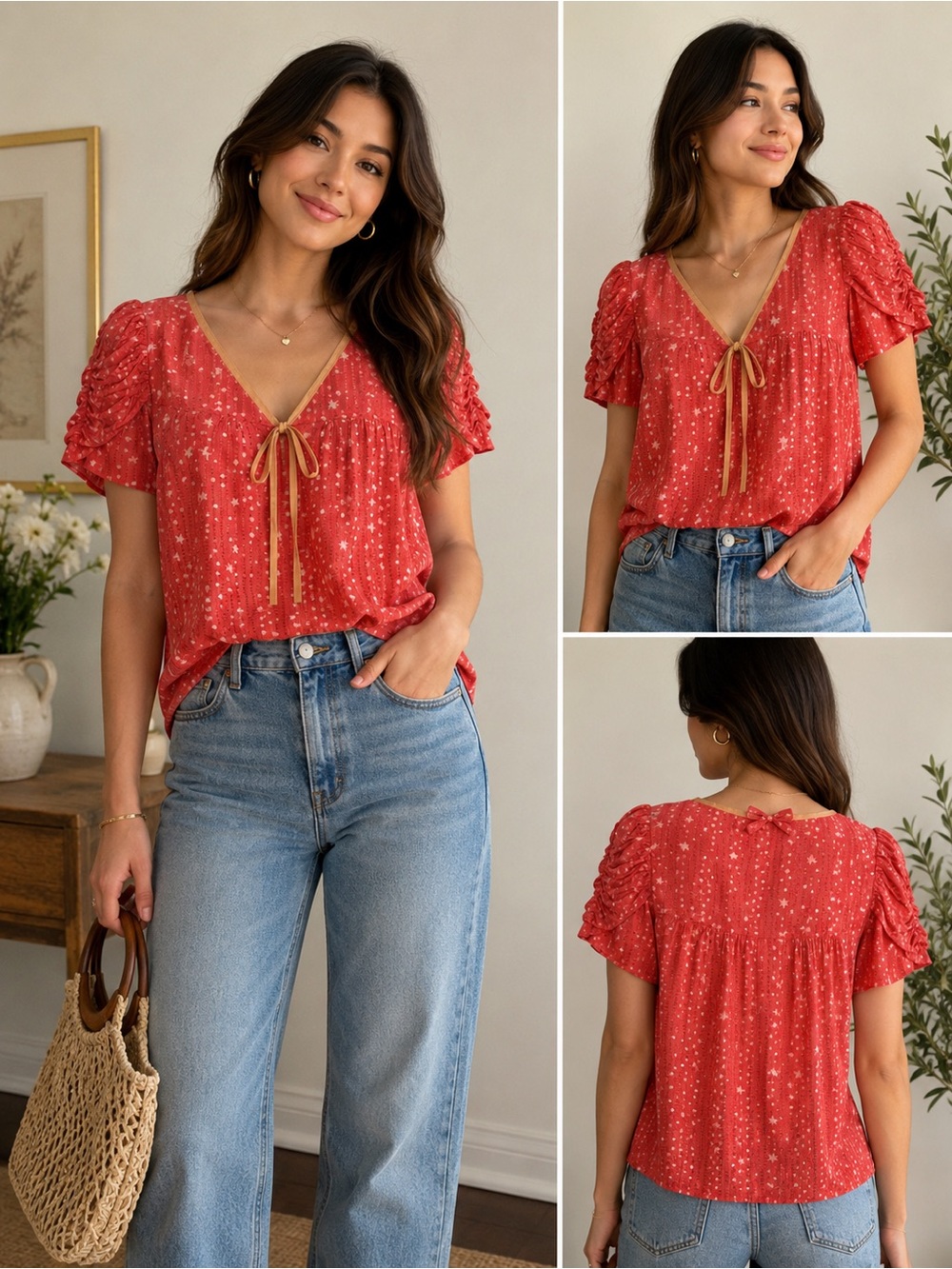 Marc Jacobs Coral Polka Dot & Star Print Blouse